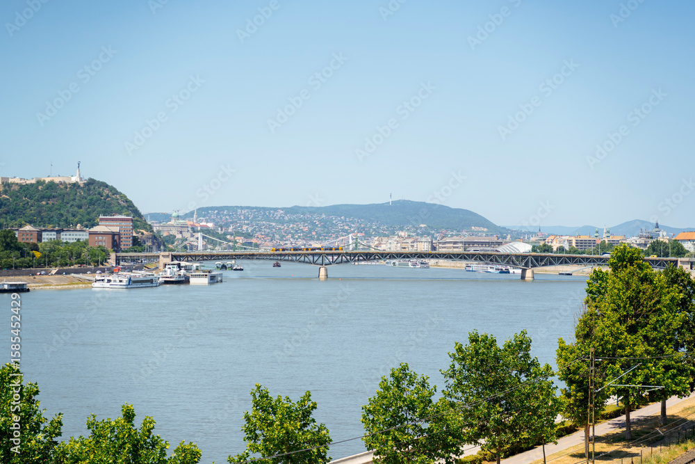 Naklejka premium Budapest Danube River Panorama with Bridge and Hills