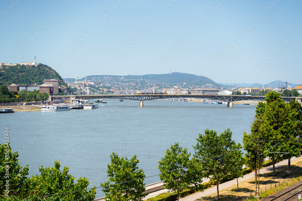 Naklejka premium Budapest Danube River Panorama with Bridge and Hills