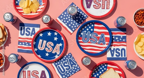 Patriotic flat lay featuring USA themed plates, napkins, drinks, and snacks on a pink background.