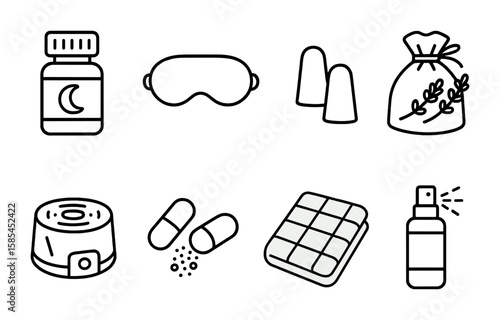 Sleep Aids Icons. Outline icon set of sleep aids: melatonin, eye mask, ear plugs, lavender sachet, white noise