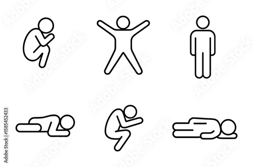 Sleep Positions Icons. Outline icon set of sleep positions: fetal, starfish, soldier, log, yearner, side