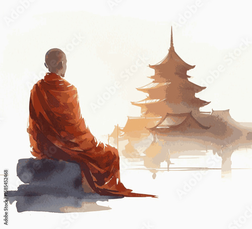 Mountain Calm Monk meditating isolated watercolor vector illustration svg