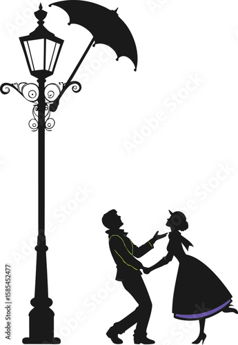 Street lamp silhouette with woman holding umbrella and girl silhouette vector illustration in rainy weather