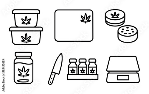 Cannabis Kitchen Icons. Outline icon set of cannabis kitchen essentials: storage containers, silicone mats,
