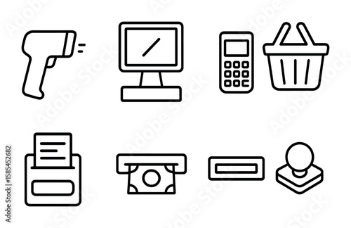 Self-Checkout Icon Set. Outline icon set of self-checkout machines: barcode scanner, touchscreen, payment