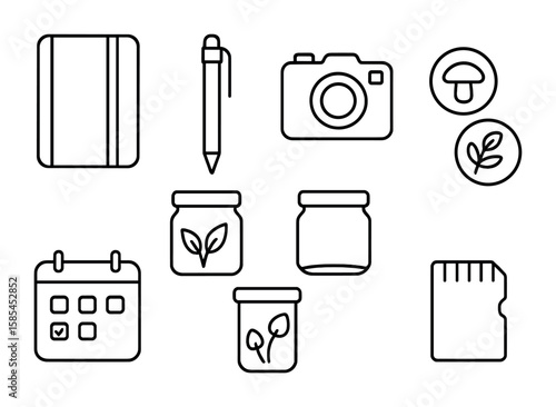 Forager's Journal Icons. Outline icon set of forager’s journal: notebook, pen, camera, sample jars,