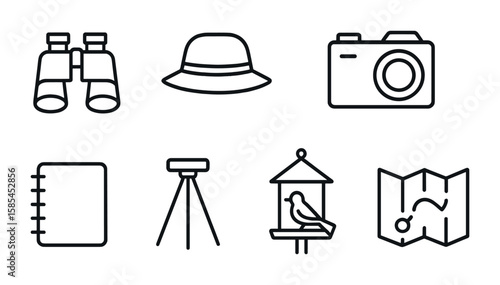 Ornithology Tool Icons. Outline icon set of ornithological tourism: binoculars, birdwatcher hat, bird