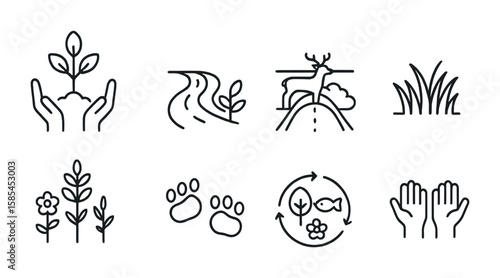 Landscape Restoration Icons. Outline icon set of landscape restoration for wildlife: tree planting, river