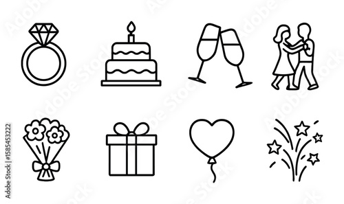 Celebration Icon Set. Outline icon set of Couple celebrations: engagement ring, anniversary cake, champagne
