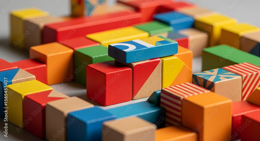 Obraz premium Colorful toy blocks arranged in an educational setting for creative play and learning, highlighting educational games and imaginative play for kids