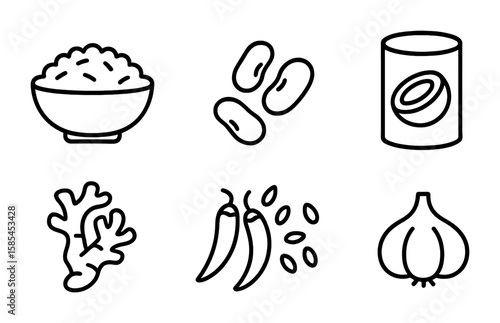 Ethnic Cooking Icons. Outline icon set of Ingredients in ethnic cooking: rice, beans, coconut milk, ginger,