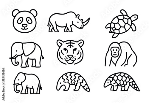 Endangered Species Icons. Outline icon set of Protecting endangered species: panda, rhinoceros, sea turtle,