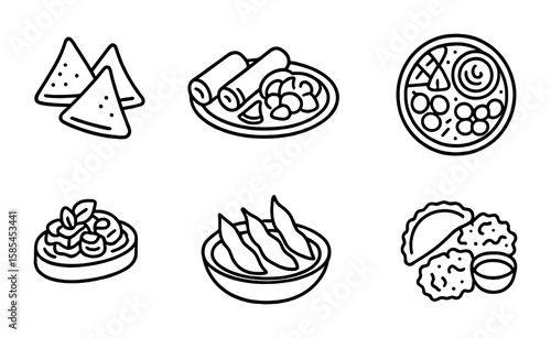 Ethnic Appetizer Icons. Outline icon set of Popular ethnic appetizers: samosas, spring rolls, ceviche, mezze