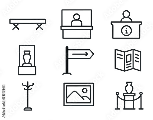 Museum Lobby Icons. Outline icon set of museum lobby: benches, ticket counter, information desk, display cases