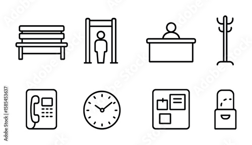 Courthouse Waiting Room Icons. Outline icon set of courthouse waiting room: wooden benches, security