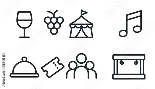 Wine Festival Icons. Outline icon set of wine festivals: wine glass, grape cluster, festival tent, music note,