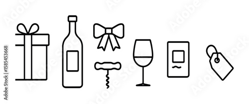 Wine Gift Icons. Outline icon set of wine gift sets: gift box, wine bottle, corkscrew, ribbon, card, glass,