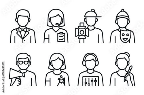 Theater Staff Icons. Outline icon set of Theater staff and roles: usher, stage manager, lighting technician,