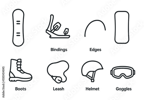 Snowboarding Gear Icons. Outline icon set of Snowboarding equipment parts: snowboard deck, bindings, edges,