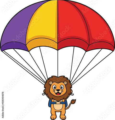 Cartoon lion skydiving with parachute, cute animal adventure, colorful parachute flying lion, happy lion illustration, fun character art