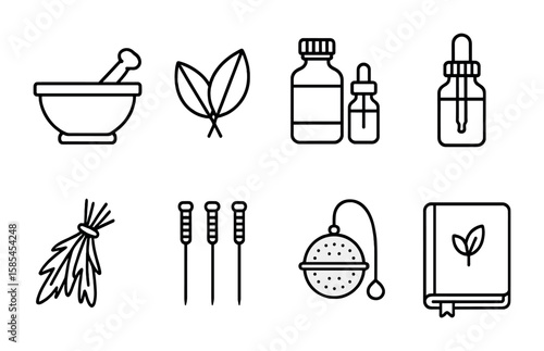 Herbal Icon Set. Outline icon set of Herbal medicine and remedies: mortar and pestle, herbal leaves, tincture