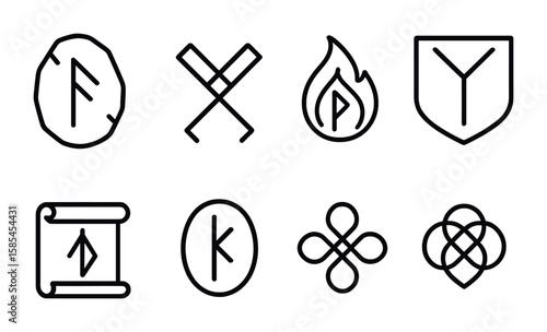 Ancient Runes Icons. Outline icon set of ancient runes: carved stone, binding symbol, flame rune, protection