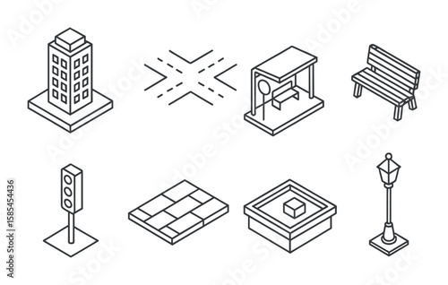 Isometric Cityscape Icons. Outline icon set of isometric cityscapes: skyscraper, crossroad, bus stop, park