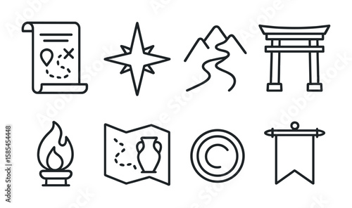 Heroic Journey Icons. Outline icon set of heroic journey: quest scroll, guiding star, mountain path, challenge