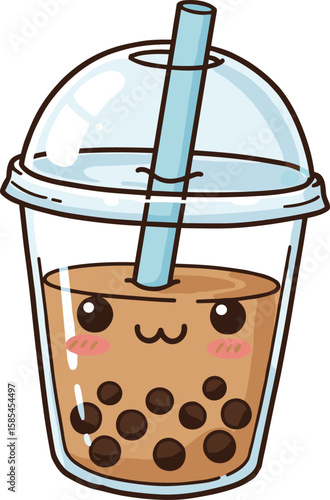 Cute bubble tea character, smiling boba milk tea, kawaii drink illustration, adorable vector cartoon cup with straw, sweet beverage design