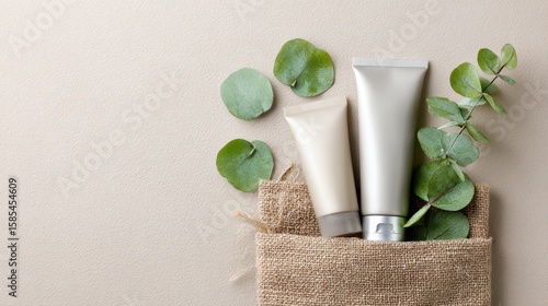 Cosmetic bottles with eucalyptus flowers towels and linen on pastel background top view flat lay natural organic skincare and spa concept perfect for beauty product branding body care wellness design