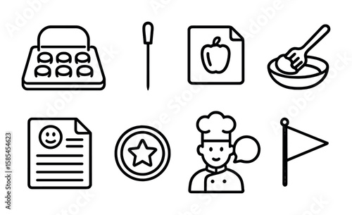 Food Tasting Icons. Outline icon set of food tasting events: sample tray, toothpick stick, flavor card, bite