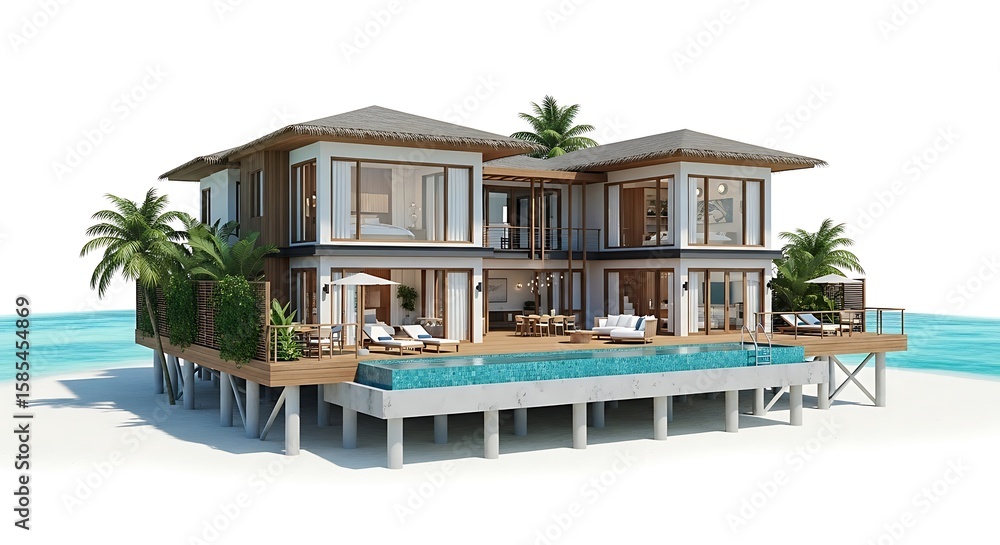 Fototapeta premium Tropical overwater villa on a sandy beach, modern design, luxury vacation home.