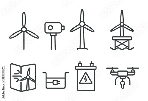 Wind Energy Icons. Outline icon set of wind energy infrastructure: wind rotor, nacelle, turbine tower,