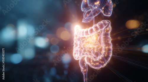 Illustrated intestines and stomach with dynamic data graphs and health metrics visualizations, symbolizing the holistic connection between physical wellness and digestive system health. 