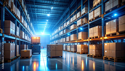 Automated Warehouse with Stacked Cardboard Boxes and a Robotic Forklift