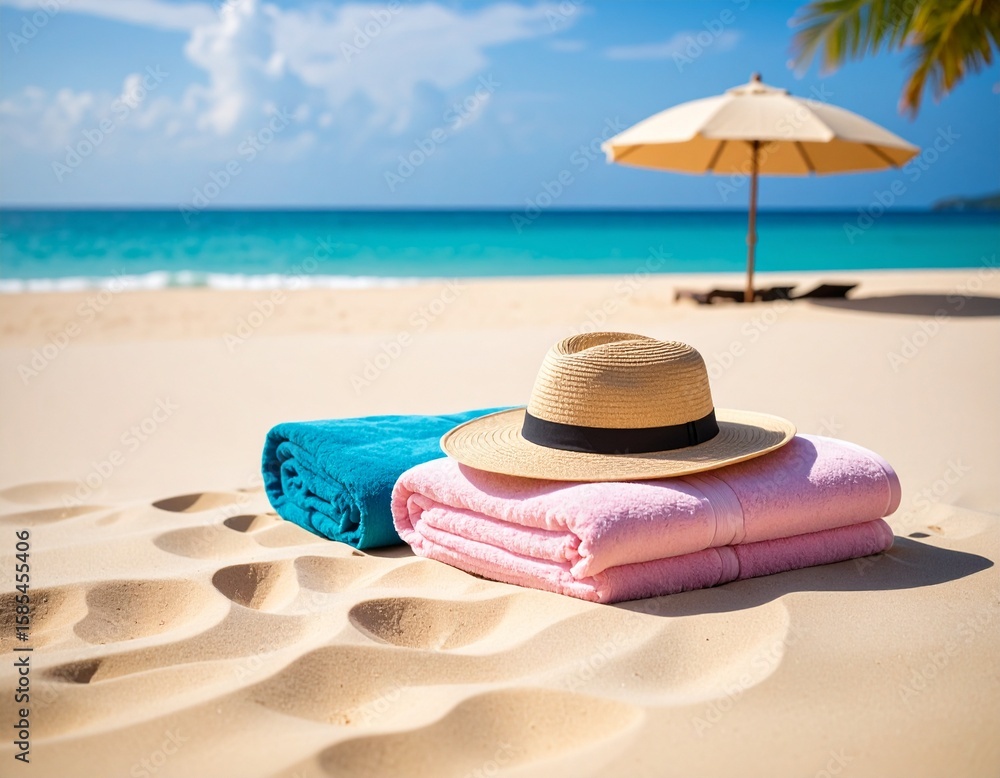 Obraz premium Widok z góry na samotny ręcznik na szerokiej, pustej plaży. Widać ślady stóp, cień osoby, być może parasol lub torbę plażową. Piasek w ciepłych tonach beżu.