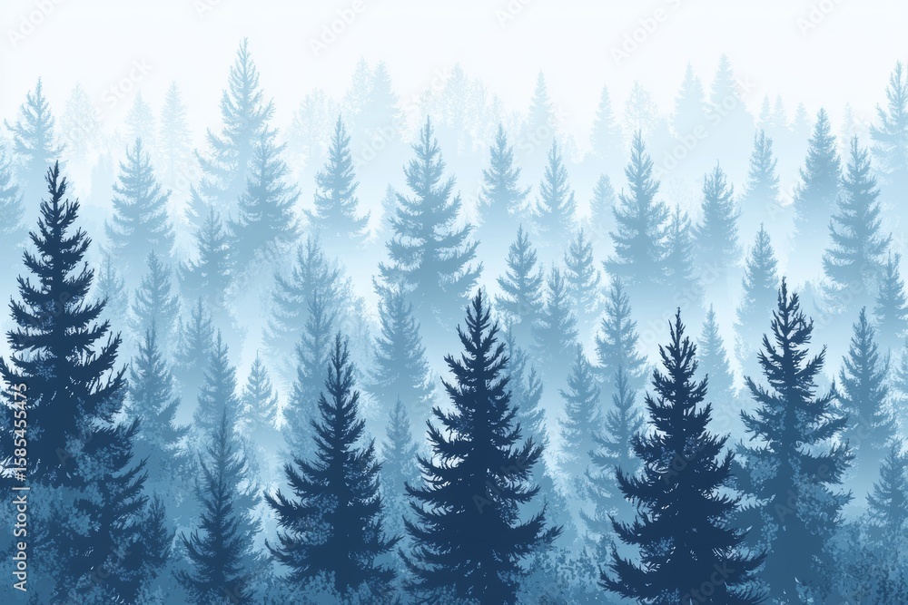 Obraz premium A seamless pattern featuring a modern misty forest landscape with detailed blue silhouettes of coniferous trees