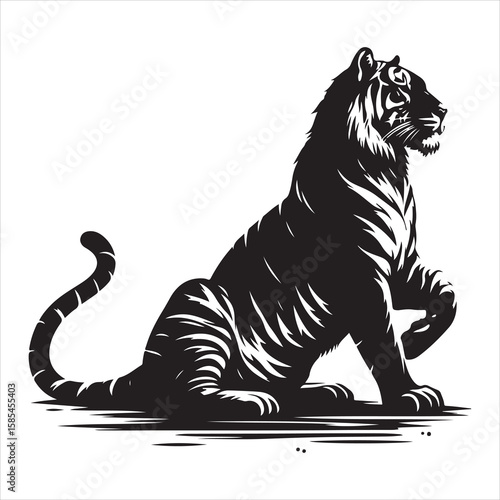 siting tiger face Silhouette Vector Art, and Graphic, vector black color silhouette , solated white background
