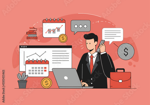 Illustration of a businessman on a phone call with financial charts and a laptop displayed around him