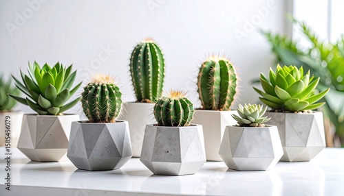 Assorted cacti and succulents in geometric concrete pots © Andisucijaya