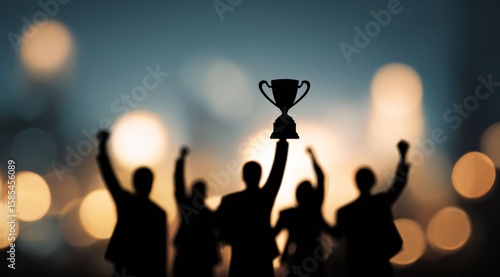 Wallpaper Mural A trophy is held high as a team member is applauded, representing employee recognition and the achievement of success, celebrated by a group of cheering colleagues. Torontodigital.ca