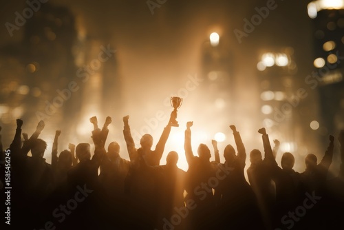 Wallpaper Mural A trophy is held high as a team member is applauded, representing employee recognition and the achievement of success, celebrated by a group of cheering colleagues. Torontodigital.ca