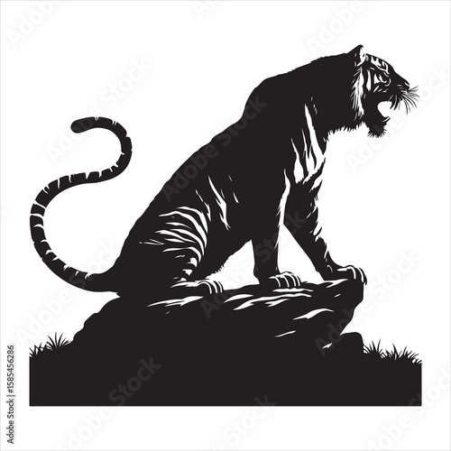 siting tiger face Silhouette Vector Art, and Graphic, vector black color silhouette , solated white background