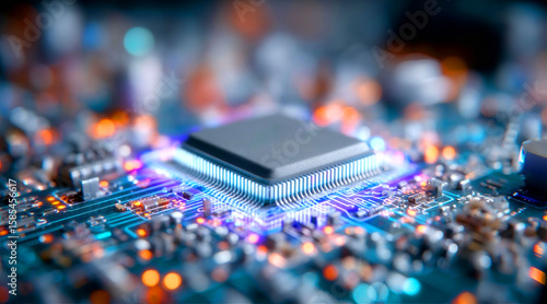 Supercomputer CPU and GPU, circuits mother board interconnection with neon glowing light
