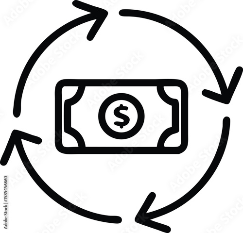 Circular flow of dollar money with arrows outline drawing for financial concept