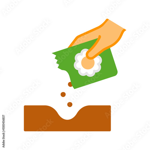 Hand sowing seeds into the soil, gardening and planting icon
