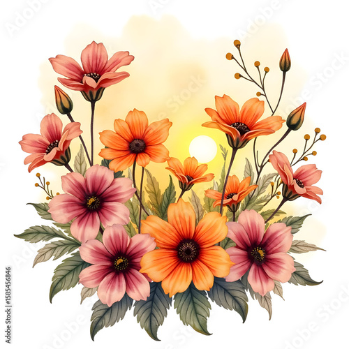 Floral Watercolor Illustration with Sunlit Background