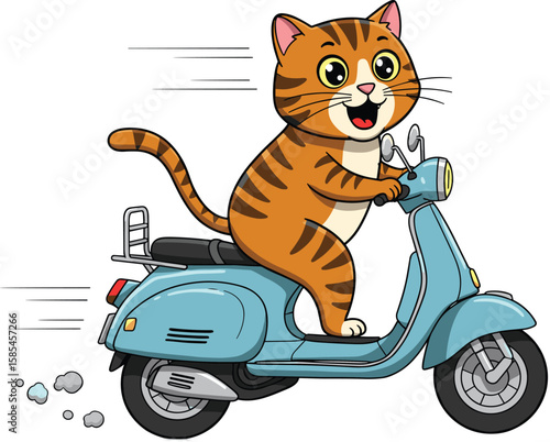 Funny cartoon cat riding blue scooter, adorable animal on motorbike, cute pet travel clipart, fast feline vector illustration