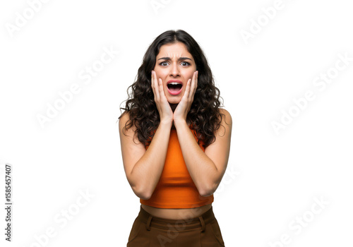 A young woman with curly hair expresses shock and fear, holding her hands to her face with her mouth open, isolated on a transparent background