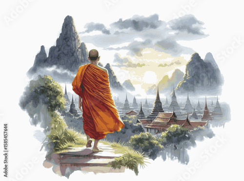 Monk's Journey in Wash Wandering monk isolated watercolor vector illustration svg